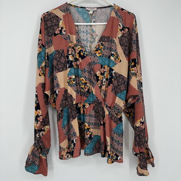 Andree By Unit Blouse Womens Medium Multicolor Patchwork Boho Peasant Top Floral - Picture 1 of 10